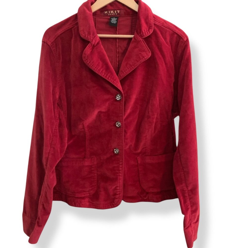 Y2K Women's Red Corduroy Blazer Rhinestone‎ Buttons Red Silk Piping Jacket XL